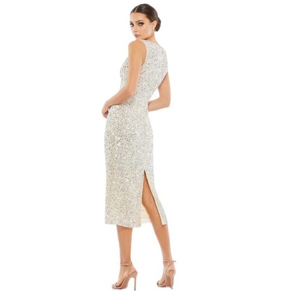 Mac Duggal NEW Size 2 Sleeveless Sequined Midi Sheath Dress 5526 Silver Nude - Picture 3 of 9